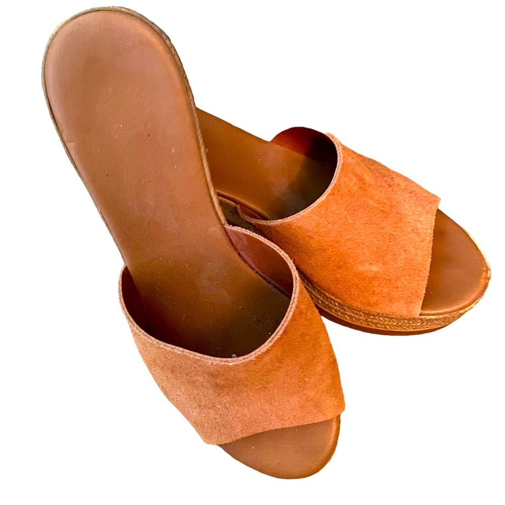 Brown suede slip on heels from Le Chateau